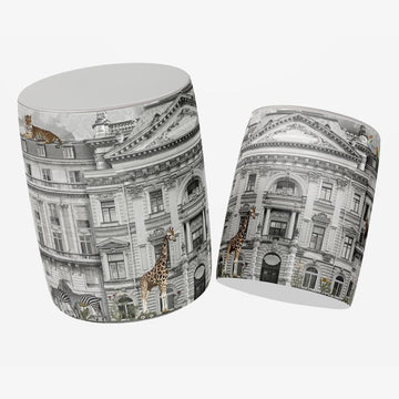 Historical Building In Black And White with Exotic Animals Ottoman Poufs