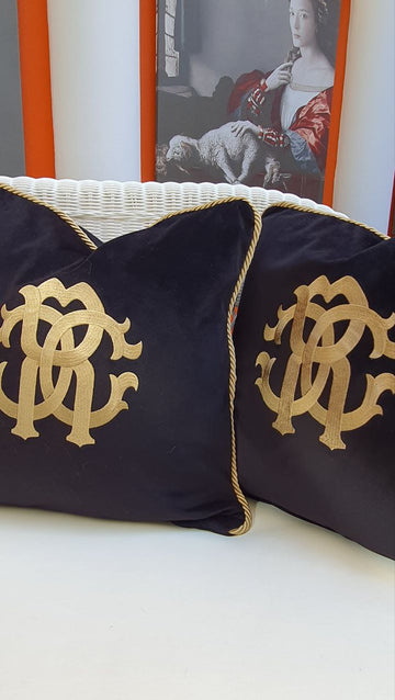 Cavalli Pattern Black Velvet Gold Embroidered Cushions / Pillows