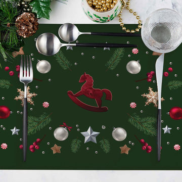 Christmas Green Mini Rocking Horse Detailed Fabric Placemats