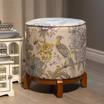 Yellow Bird Detailed Ottoman Poufs with Wooden Leg