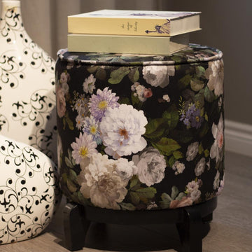 Black Flower Design with Wooden Leg Ottoman Poufs