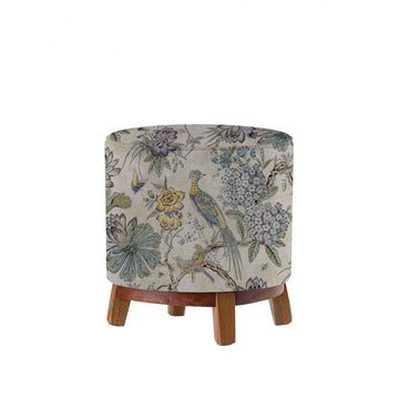 Yellow Bird Detailed Ottoman Poufs with Wooden Leg